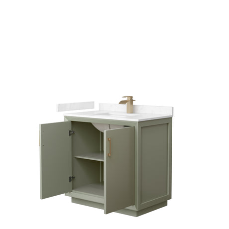 Strada 36 Inch Single Bathroom Vanity in Light Green Carrara Cultured Marble Countertop Undermount Square Sink Satin Bronze Trim