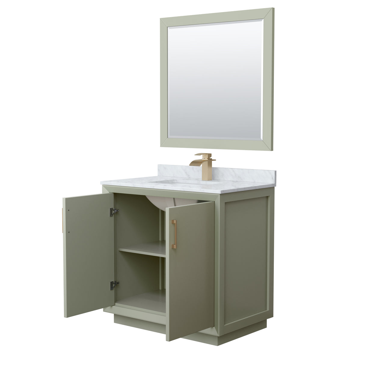 Strada 36 Inch Single Bathroom Vanity in Light Green White Carrara Marble Countertop Undermount Square Sink Satin Bronze Trim 34 Inch Mirror