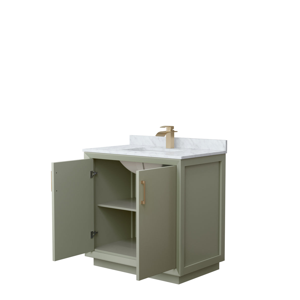 Strada 36 Inch Single Bathroom Vanity in Light Green White Carrara Marble Countertop Undermount Square Sink Satin Bronze Trim