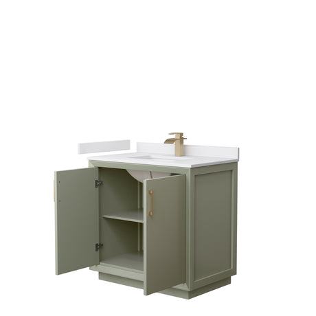 Strada 36 Inch Single Bathroom Vanity in Light Green White Cultured Marble Countertop Undermount Square Sink Satin Bronze Trim