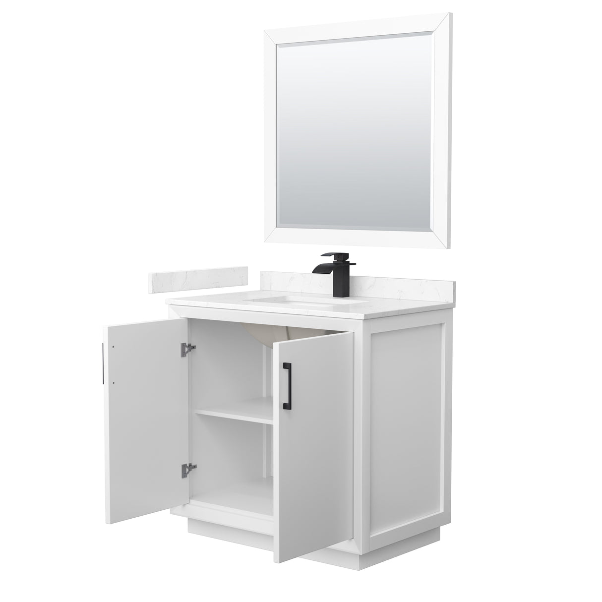 Strada 36 Inch Single Bathroom Vanity in White Carrara Cultured Marble Countertop Undermount Square Sink Matte Black Trim 34 Inch Mirror