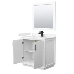 Strada 36 Inch Single Bathroom Vanity in White Carrara Cultured Marble Countertop Undermount Square Sink Matte Black Trim 34 Inch Mirror