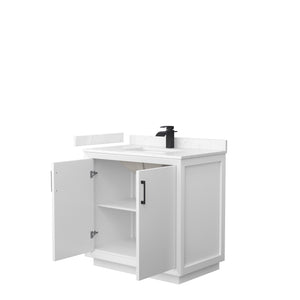 Strada 36 Inch Single Bathroom Vanity in White Carrara Cultured Marble Countertop Undermount Square Sink Matte Black Trim