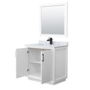 Strada 36 Inch Single Bathroom Vanity in White White Carrara Marble Countertop Undermount Square Sink Matte Black Trim 34 Inch Mirror