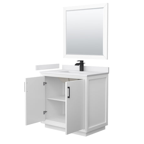 Strada 36 Inch Single Bathroom Vanity in White White Cultured Marble Countertop Undermount Square Sink Matte Black Trim 34 Inch Mirror