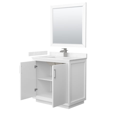 Strada 36 Inch Single Bathroom Vanity in White Carrara Cultured Marble Countertop Undermount Square Sink Brushed Nickel Trim 34 Inch Mirror