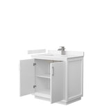 Strada 36 Inch Single Bathroom Vanity in White Carrara Cultured Marble Countertop Undermount Square Sink Brushed Nickel Trim