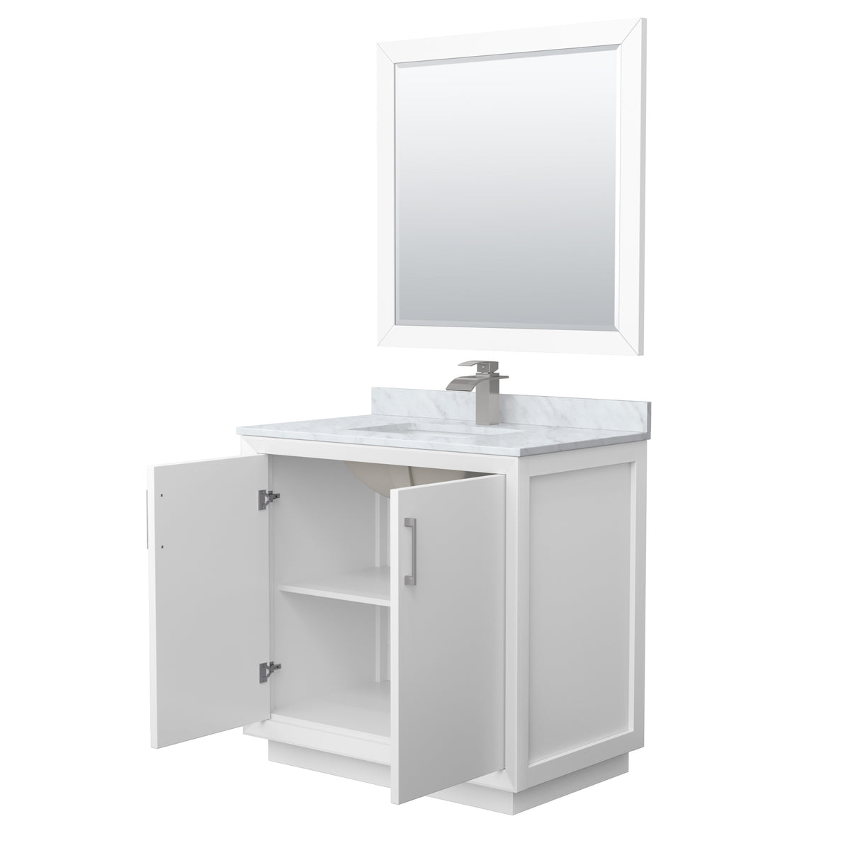 Strada 36 Inch Single Bathroom Vanity in White White Carrara Marble Countertop Undermount Square Sink Brushed Nickel Trim 34 Inch Mirror