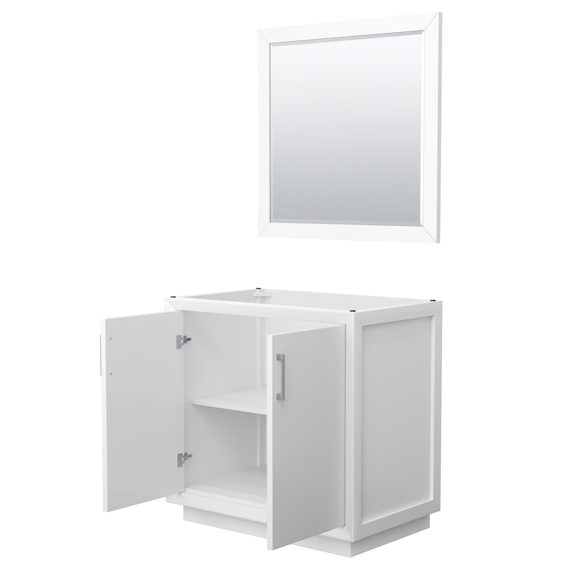 Strada 36 Inch Single Bathroom Vanity in White No Countertop No Sink Brushed Nickel Trim 34 Inch Mirror