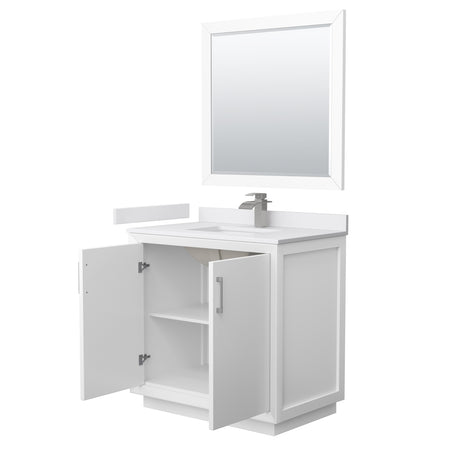 Strada 36 Inch Single Bathroom Vanity in White White Cultured Marble Countertop Undermount Square Sink Brushed Nickel Trim 34 Inch Mirror