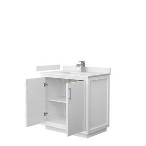 Strada 36 Inch Single Bathroom Vanity in White White Cultured Marble Countertop Undermount Square Sink Brushed Nickel Trim