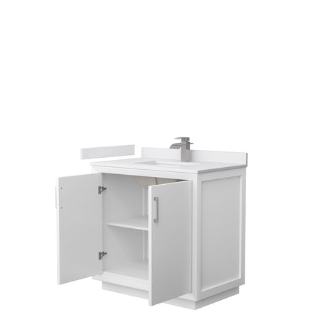 Strada 36 Inch Single Bathroom Vanity in White White Cultured Marble Countertop Undermount Square Sink Brushed Nickel Trim