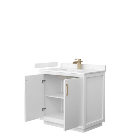 Strada 36 Inch Single Bathroom Vanity in White Carrara Cultured Marble Countertop Undermount Square Sink Satin Bronze Trim