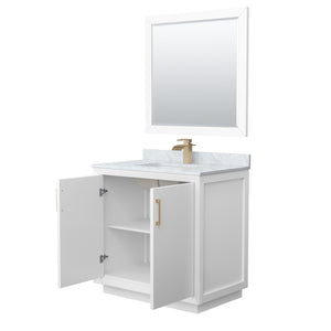 Strada 36 Inch Single Bathroom Vanity in White White Carrara Marble Countertop Undermount Square Sink Satin Bronze Trim 34 Inch Mirror