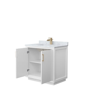 Strada 36 Inch Single Bathroom Vanity in White White Carrara Marble Countertop Undermount Square Sink Satin Bronze Trim