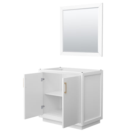Strada 36 Inch Single Bathroom Vanity in White No Countertop No Sink Satin Bronze Trim 34 Inch Mirror