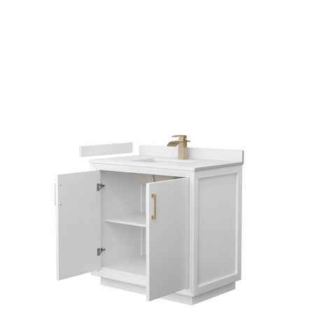 Strada 36 Inch Single Bathroom Vanity in White White Cultured Marble Countertop Undermount Square Sink Satin Bronze Trim