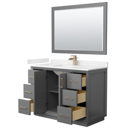 Strada 48 Inch Single Bathroom Vanity in Dark Gray Carrara Cultured Marble Countertop Undermount Square Sink Satin Bronze Trim 46 Inch Mirror