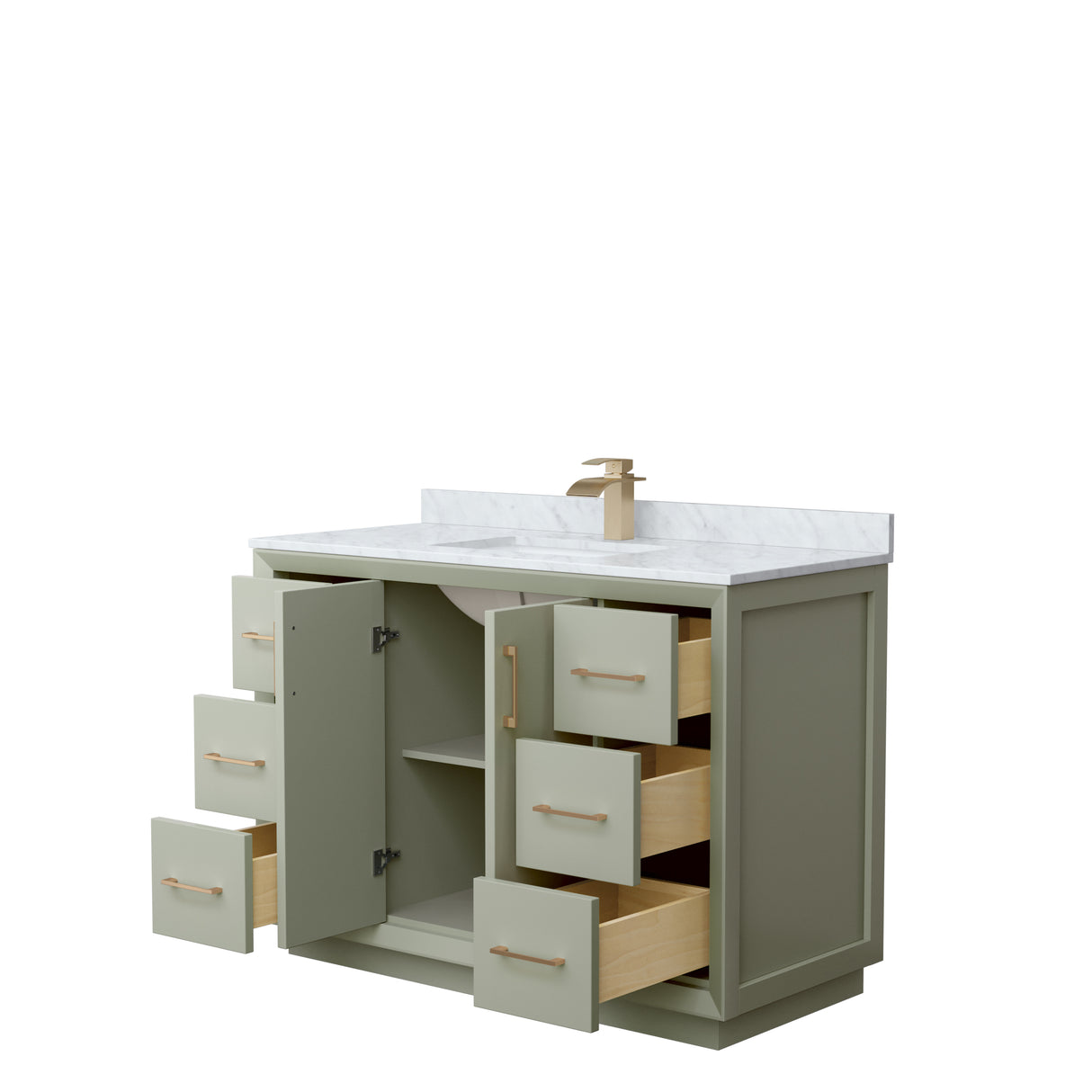 Strada 48 Inch Single Bathroom Vanity in Light Green White Carrara Marble Countertop Undermount Square Sink Satin Bronze Trim