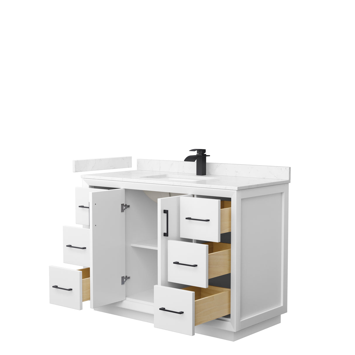 Strada 48 Inch Single Bathroom Vanity in White Carrara Cultured Marble Countertop Undermount Square Sink Matte Black Trim