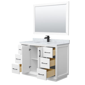 Strada 48 Inch Single Bathroom Vanity in White White Carrara Marble Countertop Undermount Square Sink Matte Black Trim 46 Inch Mirror