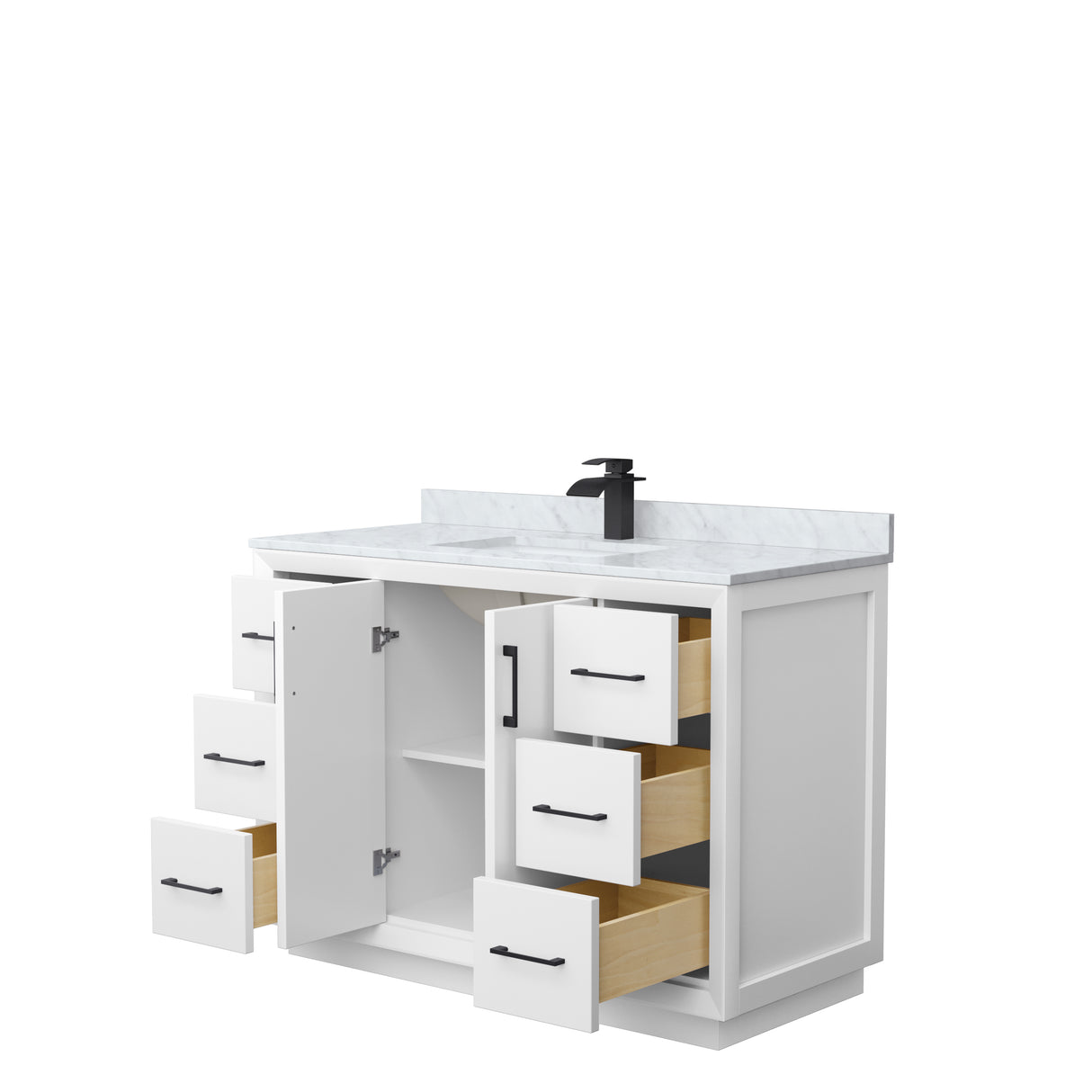 Strada 48 Inch Single Bathroom Vanity in White White Carrara Marble Countertop Undermount Square Sink Matte Black Trim