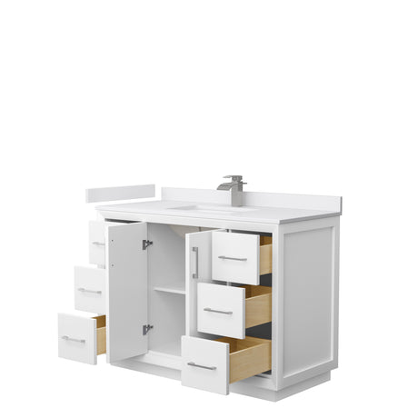 Strada 48 Inch Single Bathroom Vanity in White White Cultured Marble Countertop Undermount Square Sink Brushed Nickel Trim