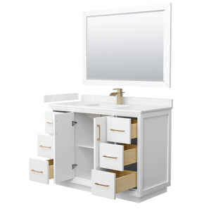 Strada 48 Inch Single Bathroom Vanity in White Carrara Cultured Marble Countertop Undermount Square Sink Satin Bronze Trim 46 Inch Mirror