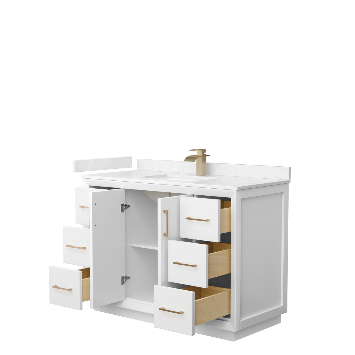 Strada 48 Inch Single Bathroom Vanity in White Carrara Cultured Marble Countertop Undermount Square Sink Satin Bronze Trim