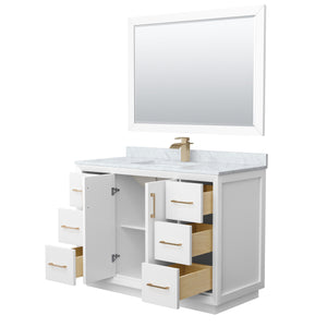 Strada 48 Inch Single Bathroom Vanity in White White Carrara Marble Countertop Undermount Square Sink Satin Bronze Trim 46 Inch Mirror
