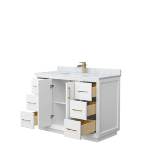 Strada 48 Inch Single Bathroom Vanity in White White Carrara Marble Countertop Undermount Square Sink Satin Bronze Trim