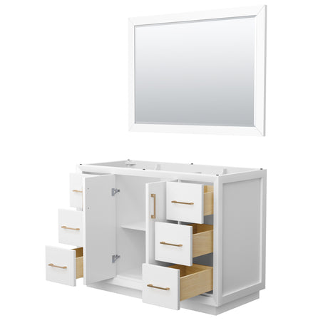 Strada 48 Inch Single Bathroom Vanity in White No Countertop No Sink Satin Bronze Trim 46 Inch Mirror