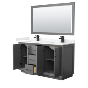 Strada 60 Inch Double Bathroom Vanity in Dark Gray Carrara Cultured Marble Countertop Undermount Square Sink Matte Black Trim 58 Inch Mirror