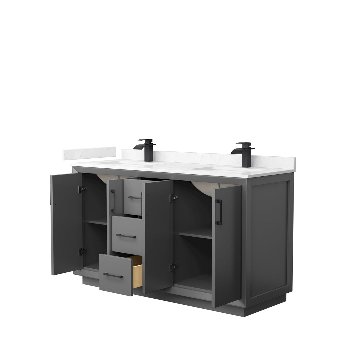 Strada 60 Inch Double Bathroom Vanity in Dark Gray Carrara Cultured Marble Countertop Undermount Square Sink Matte Black Trim