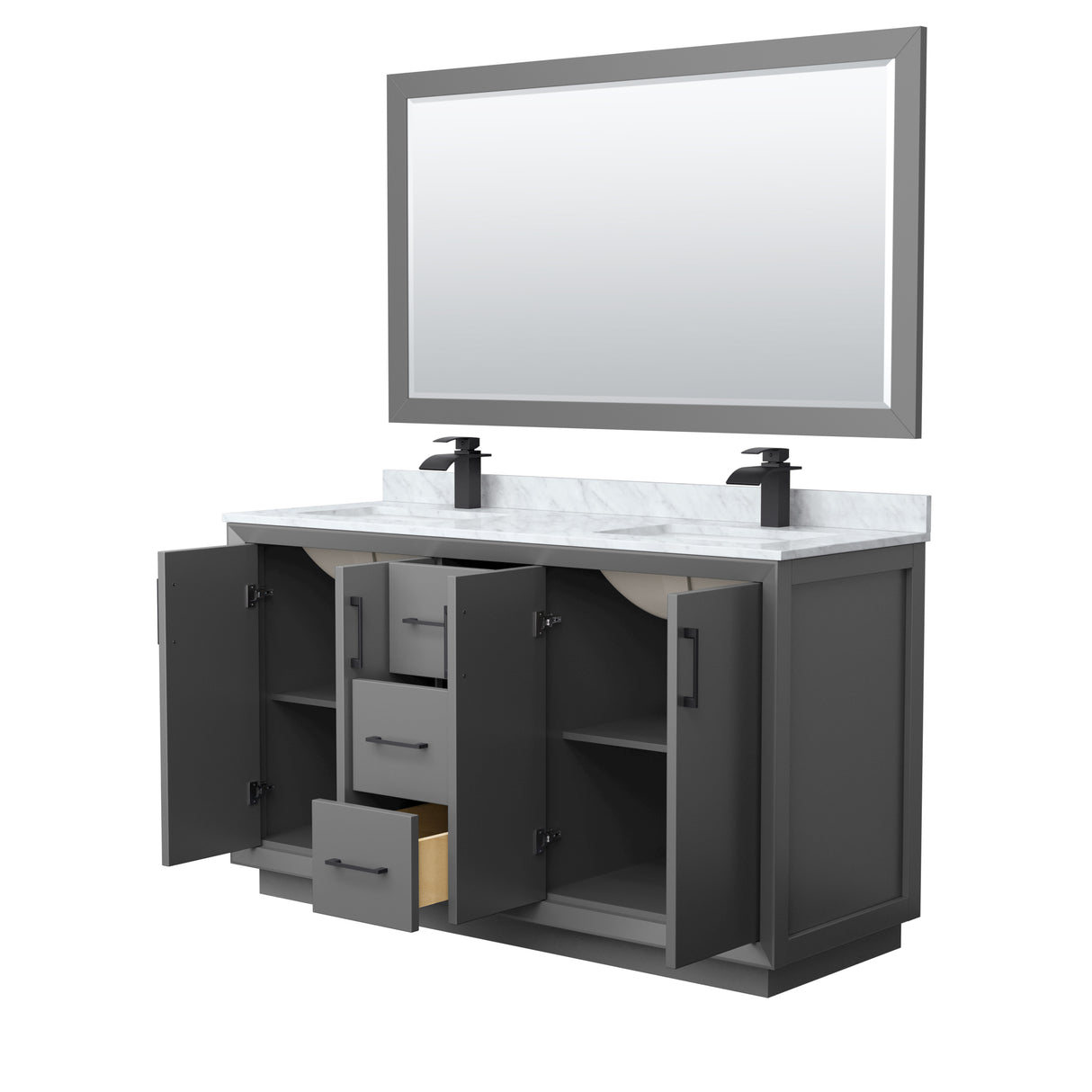 Strada 60 Inch Double Bathroom Vanity in Dark Gray White Carrara Marble Countertop Undermount Square Sink Matte Black Trim 58 Inch Mirror