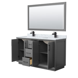 Strada 60 Inch Double Bathroom Vanity in Dark Gray White Carrara Marble Countertop Undermount Square Sink Matte Black Trim 58 Inch Mirror