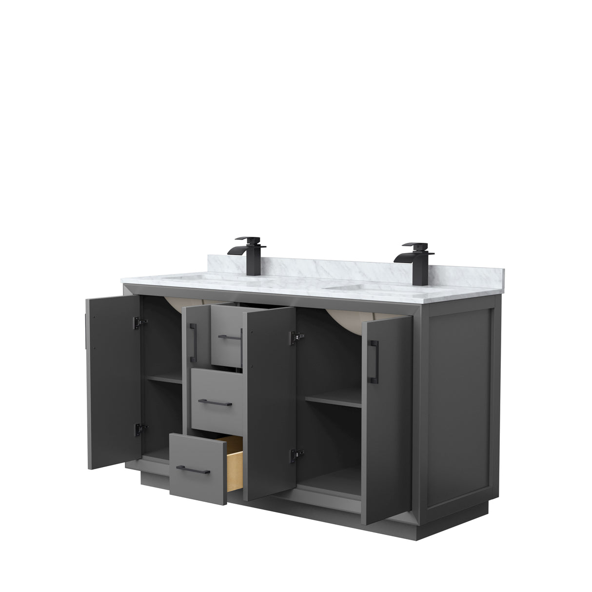 Strada 60 Inch Double Bathroom Vanity in Dark Gray White Carrara Marble Countertop Undermount Square Sink Matte Black Trim