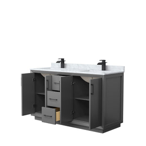 Strada 60 Inch Double Bathroom Vanity in Dark Gray White Carrara Marble Countertop Undermount Square Sink Matte Black Trim