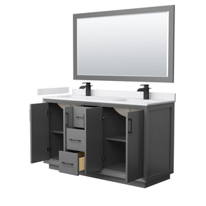 Strada 60 Inch Double Bathroom Vanity in Dark Gray White Cultured Marble Countertop Undermount Square Sink Matte Black Trim 58 Inch Mirror
