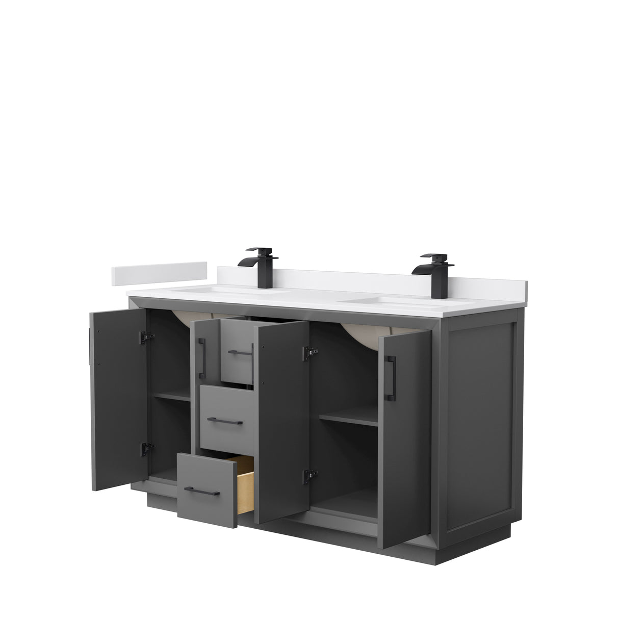 Strada 60 Inch Double Bathroom Vanity in Dark Gray White Cultured Marble Countertop Undermount Square Sink Matte Black Trim