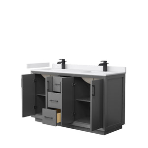 Strada 60 Inch Double Bathroom Vanity in Dark Gray White Cultured Marble Countertop Undermount Square Sink Matte Black Trim
