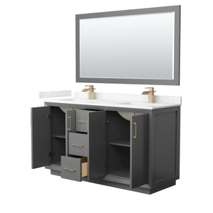 Strada 60 Inch Double Bathroom Vanity in Dark Gray Carrara Cultured Marble Countertop Undermount Square Sink Satin Bronze Trim 58 Inch Mirror
