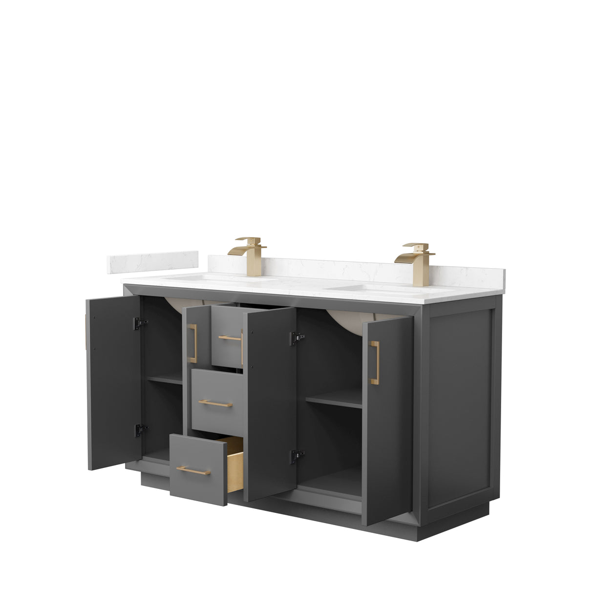 Strada 60 Inch Double Bathroom Vanity in Dark Gray Carrara Cultured Marble Countertop Undermount Square Sink Satin Bronze Trim