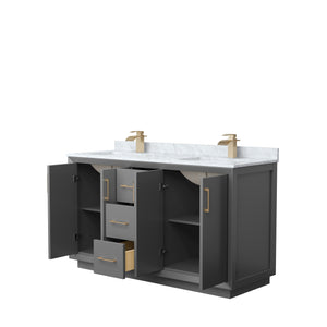 Strada 60 Inch Double Bathroom Vanity in Dark Gray White Carrara Marble Countertop Undermount Square Sink Satin Bronze Trim