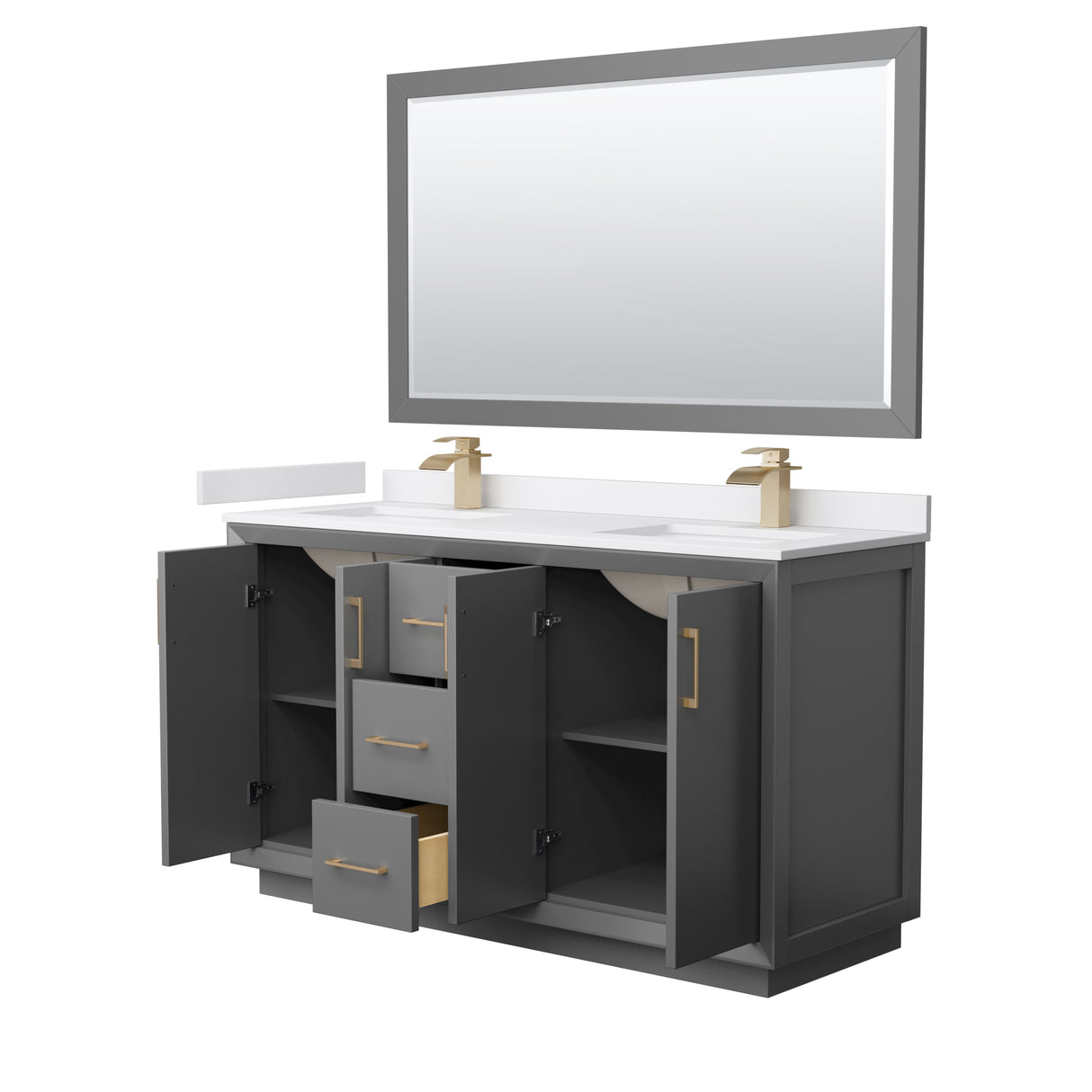 Strada 60 Inch Double Bathroom Vanity in Dark Gray White Cultured Marble Countertop Undermount Square Sink Satin Bronze Trim 58 Inch Mirror