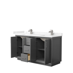 Strada 60 Inch Double Bathroom Vanity in Dark Gray Carrara Cultured Marble Countertop Undermount Square Sink Brushed Nickel Trim