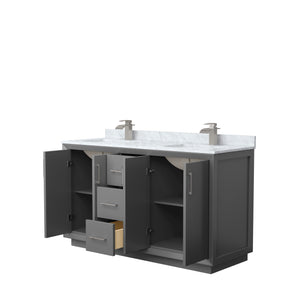 Strada 60 Inch Double Bathroom Vanity in Dark Gray White Carrara Marble Countertop Undermount Square Sink Brushed Nickel Trim