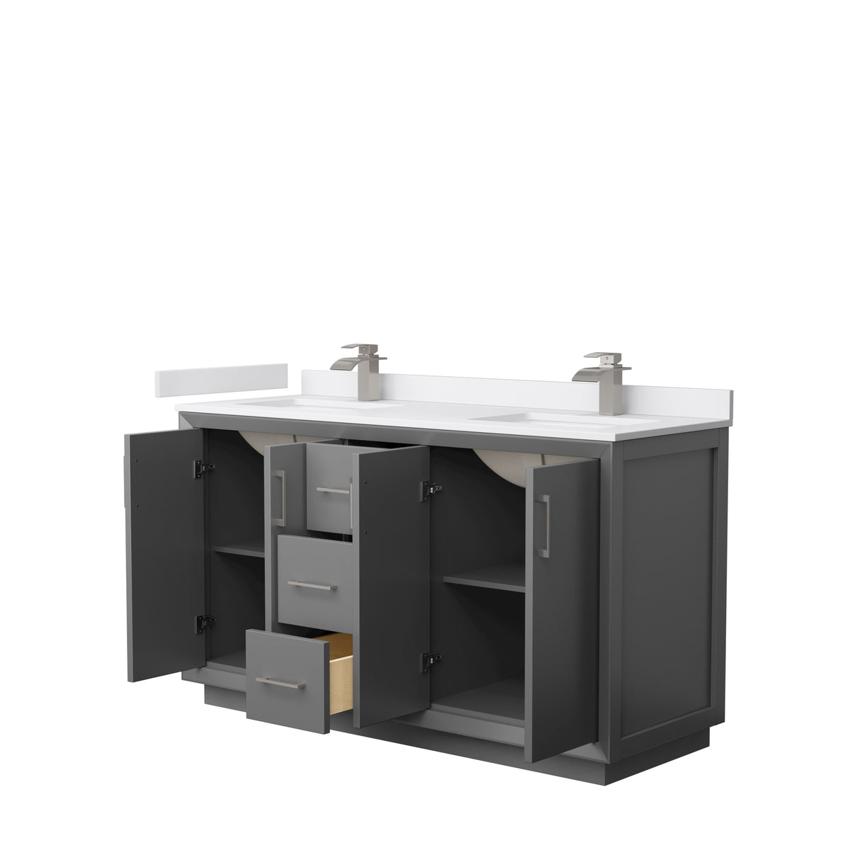 Strada 60 Inch Double Bathroom Vanity in Dark Gray White Cultured Marble Countertop Undermount Square Sink Brushed Nickel Trim