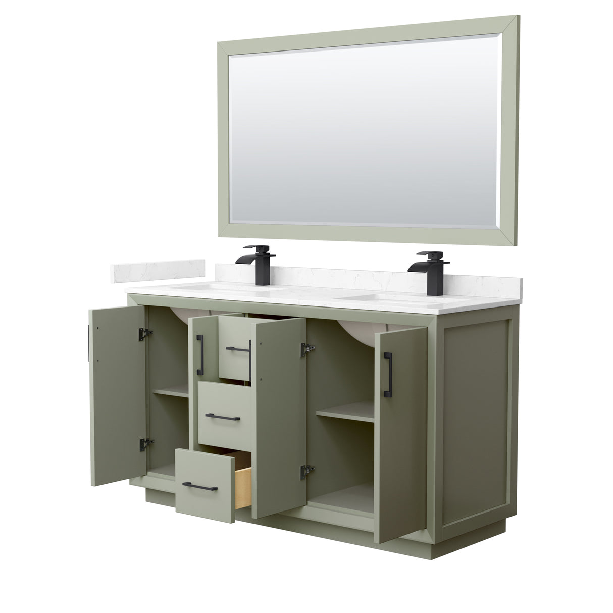 Strada 60 Inch Double Bathroom Vanity in Light Green Carrara Cultured Marble Countertop Undermount Square Sinks Matte Black Trim 58 Inch Mirror