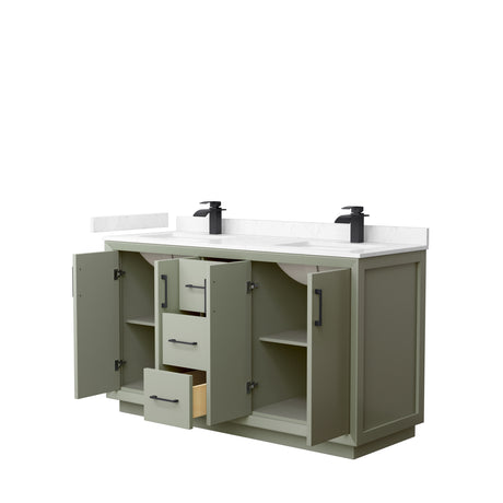 Strada 60 Inch Double Bathroom Vanity in Light Green Carrara Cultured Marble Countertop Undermount Square Sinks Matte Black Trim